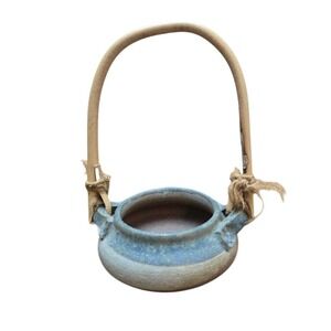 Rustic Pottery‎ Basket Vase Bamboo Handle Blue Glazed Ceramic Aprox 6"